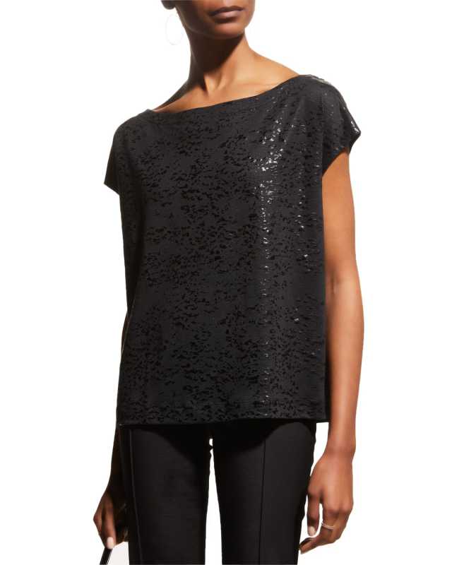 Stretch Linen Metallic Novelty Cap-Sleeve Semi-Relaxed Top